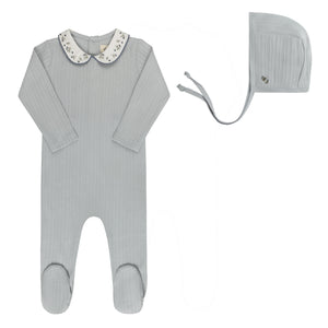 Baby Boy Footie + Hat | Floral Embroidered Collar Collection | Blue | Ely's & Co | SS26