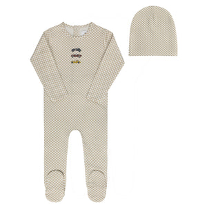 Baby Boy Footie + Hat | Jersey Cotton Checked Race Car Collection | Tan | Aurora | SS26