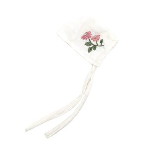 Baby Linen Bonnet | Embroidered | White With Mauve Embroidery | Bebe Beaute
