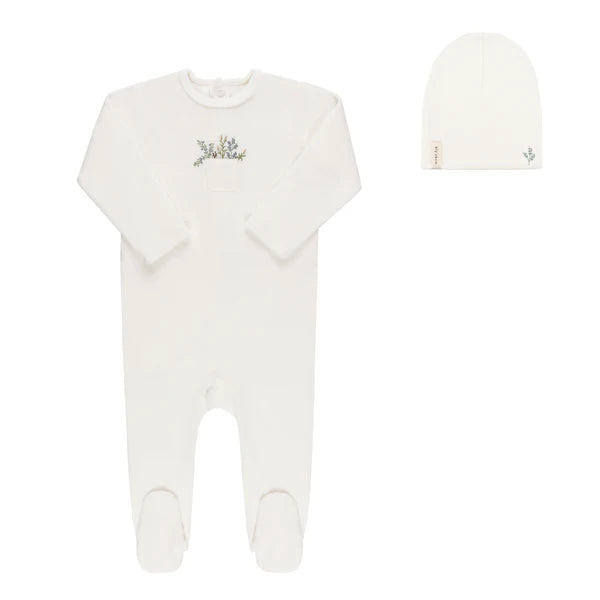 Baby Boy Footie + Hat | Velour Pocket Full of Flowers | Ivory/Blue | Ely's & Co