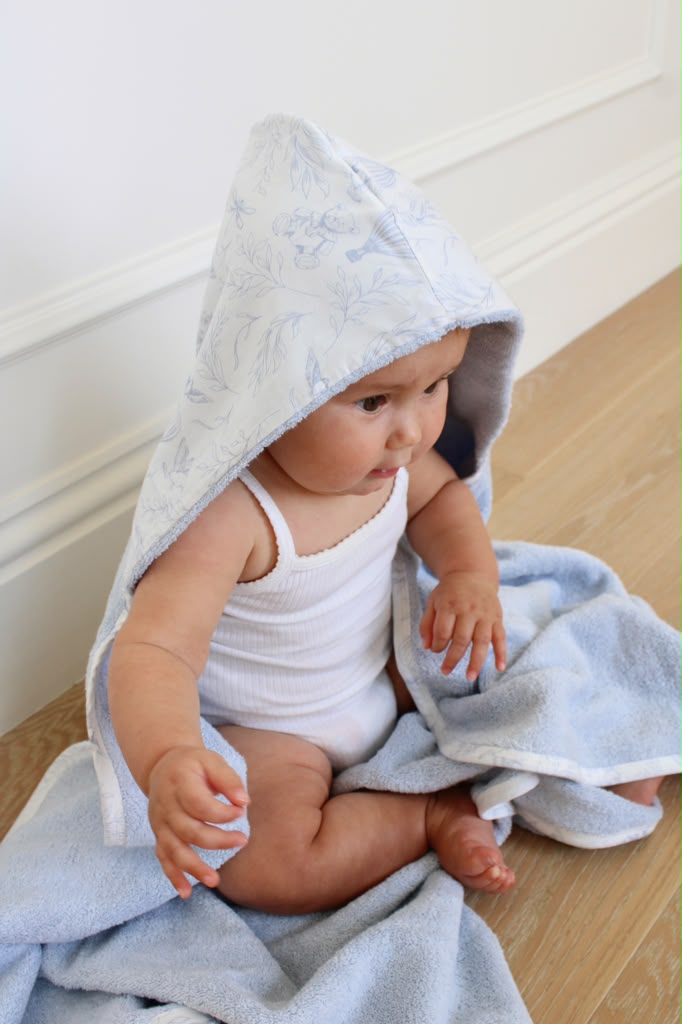 Baby Hooded Towel | Sky Blue Toile  | Little Threads