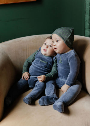 Baby Boy Overall + Turtle Neck | Velour Plaid Bear Collection | Navy | Ely's & Co | Aw25
