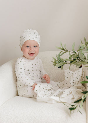 Baby Boy Footie + Hat |  Floral Pointelle Collection | Ivory/Blue | Ely's & Co | SS26
