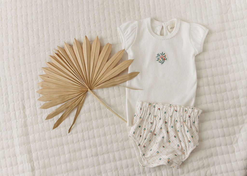 Baby Girl Tshirt and Bloomer | Ribbed Floral Embroidered Collection | Ivory | Ely's & Co | SS26