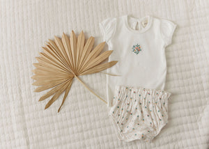 Baby Girl Tshirt and Bloomer | Ribbed Floral Embroidered Collection | Ivory | Ely's & Co | SS26