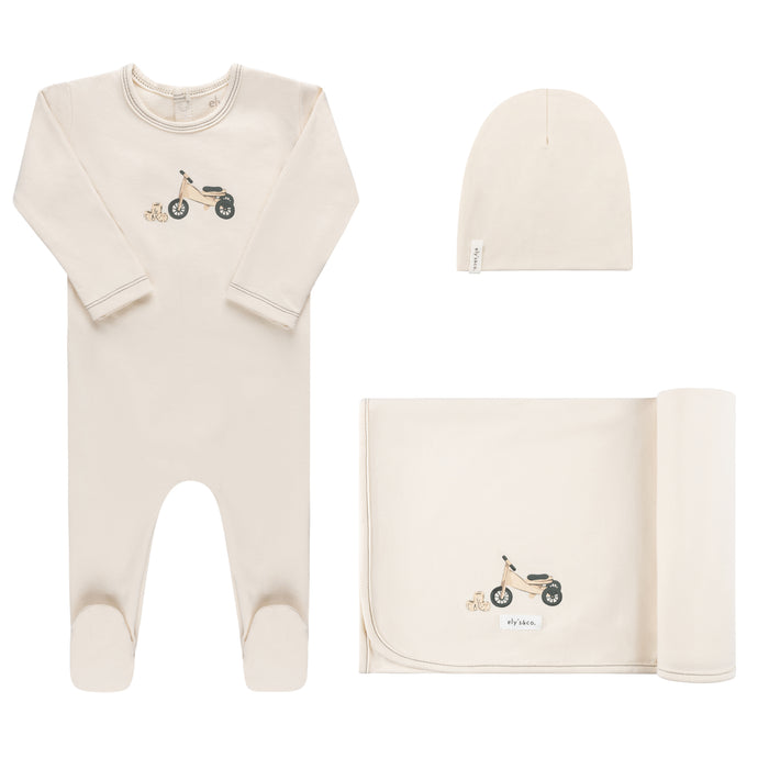Baby Boy Layette Set | French Terry | Bike & Carriage Collection | Ivory Bike Print | Ely's & Co. | AW23