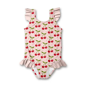Baby Girl Bathing Suit | Light Pink Cherries Ruffle-Accent One-Piece | Millie Loves Lily