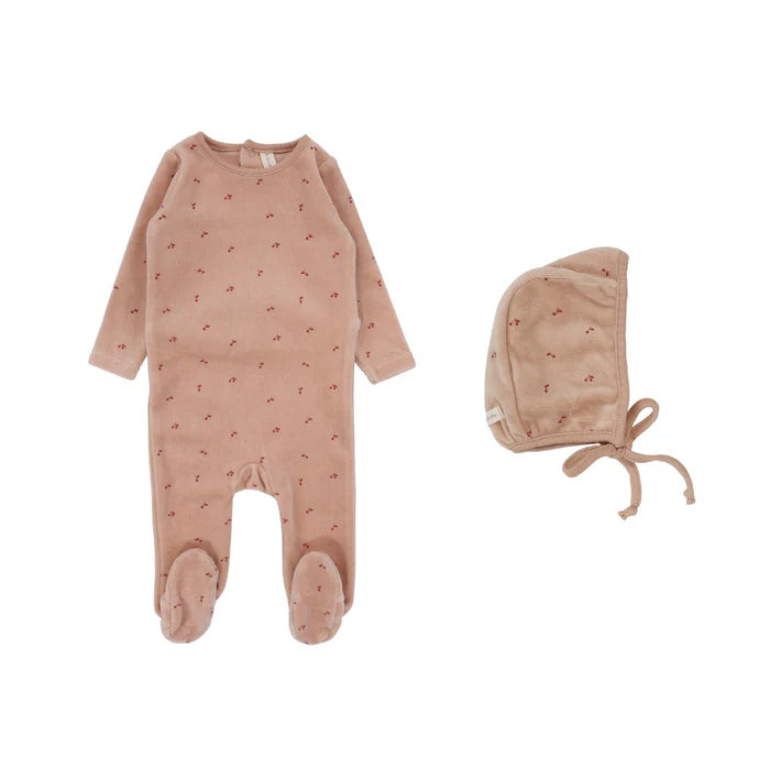 Baby Girl Footie + Hat | Scattered Cherry Velour | Pink | Lil Legs
