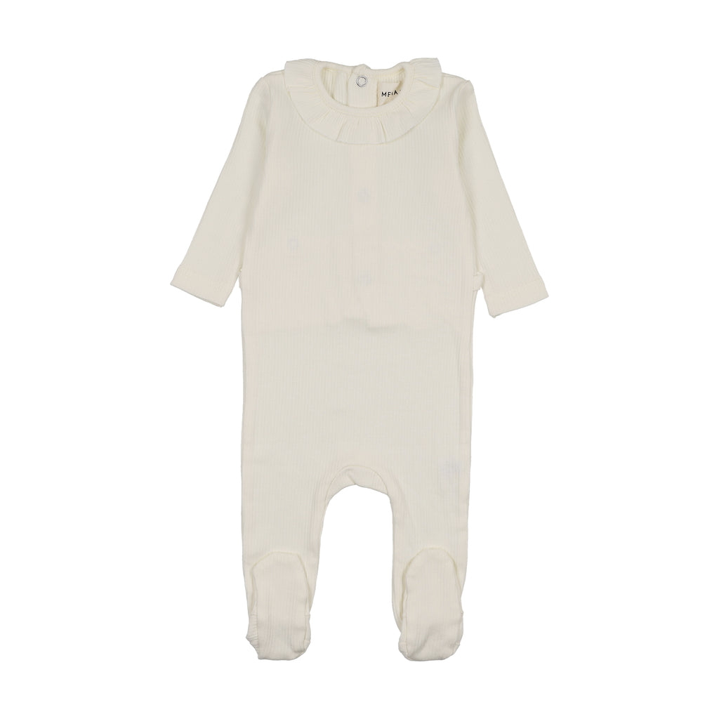 Baby Girl Footie | Rib Ruffle Collar | Winter White | Mema Knits | SS26