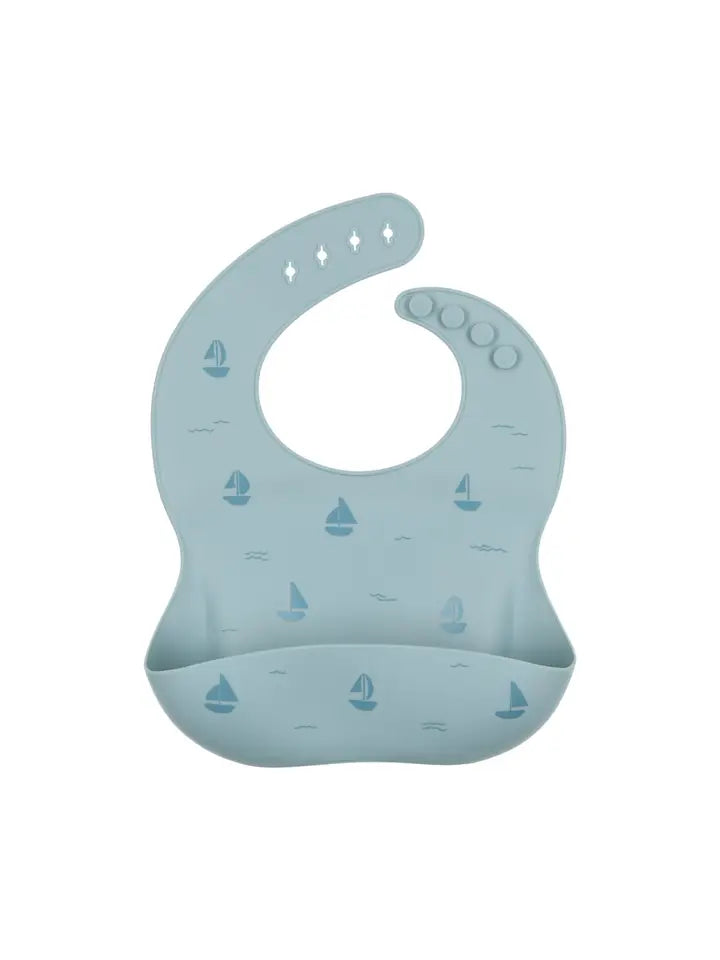 Baby Silicone Pocket Bib | Pouf | Sailboat/Blue