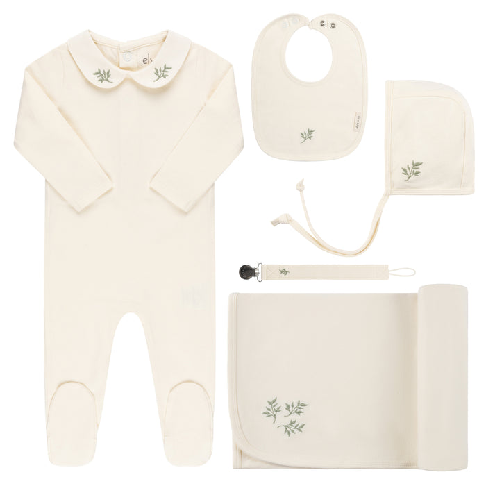 Baby Boy Layette Set | 5 Piece | Jersey Cotton | Embroidered Collar | Cream with Leaf | Ely's & Co. | AW23