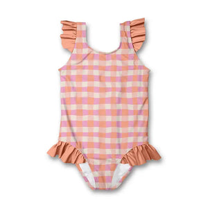 Baby Girl Bathing Suit | Coral Wavy Check Ruffle-Accent One-Piece | Millie Loves Lily
