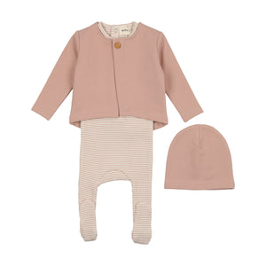 Baby Girl Footie + Hat | Striped | With French Terry Cardigan | Pink | Mema | AW23