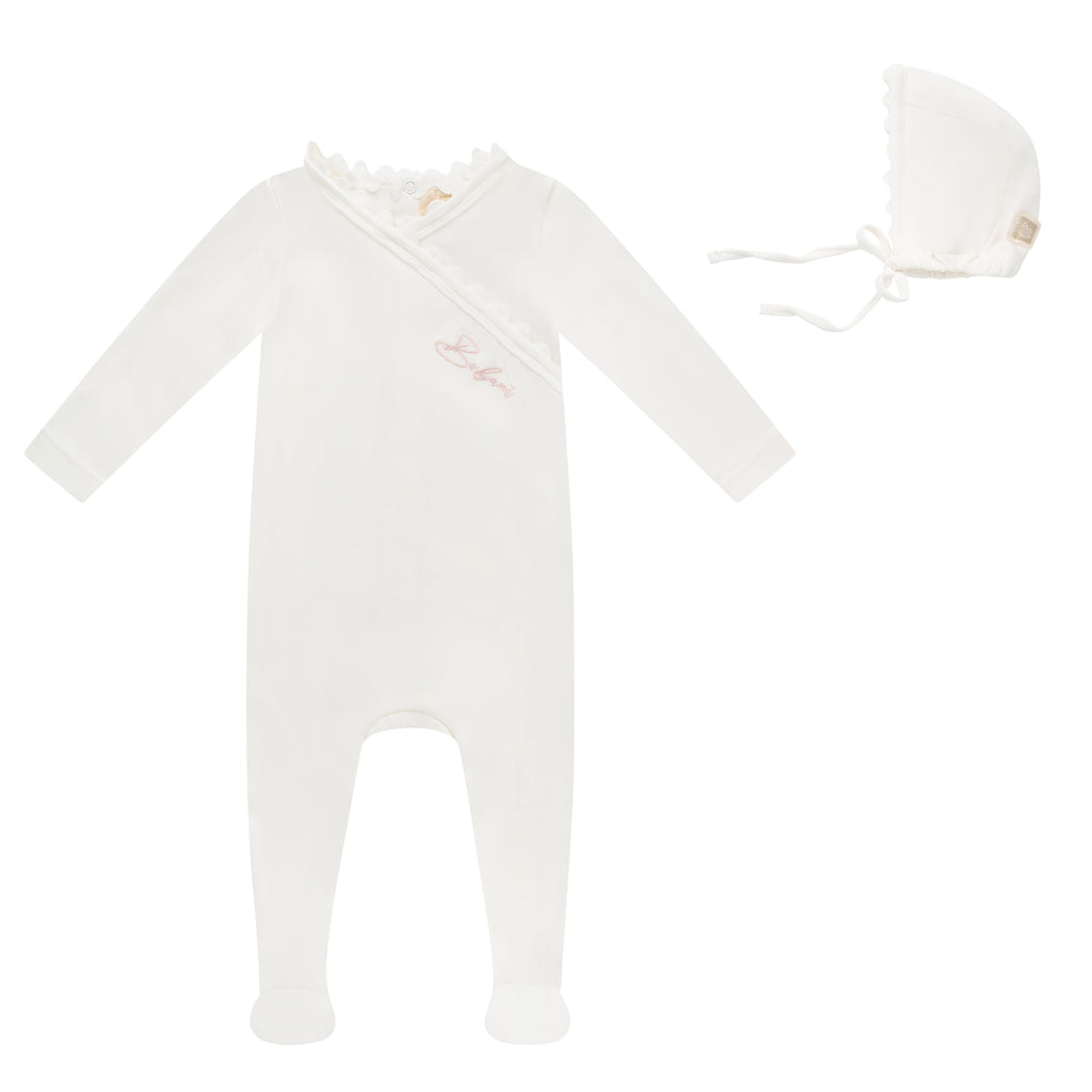 Baby Girl Footie + Hat | Grosgrain Trim | White | Bubani | SS26