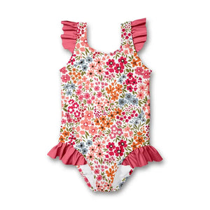 Baby Girl Bathing Suit | Coral Samantha Floral Ruffle-Accent One-Piece | Millie Loves Lily