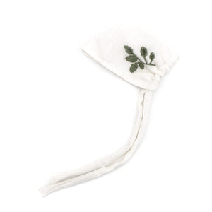 Baby Linen Bonnet | Embroidered | White With Sage Embroidery | Bebe Beaute