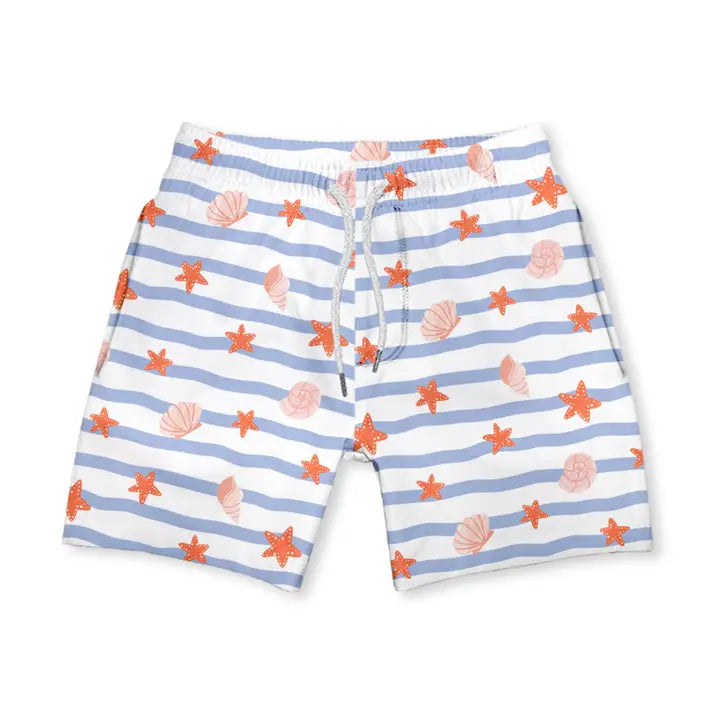 Baby Boy Bathing Suit | White Seastars & Shells Swim Trunks  | Millie Loves Lily