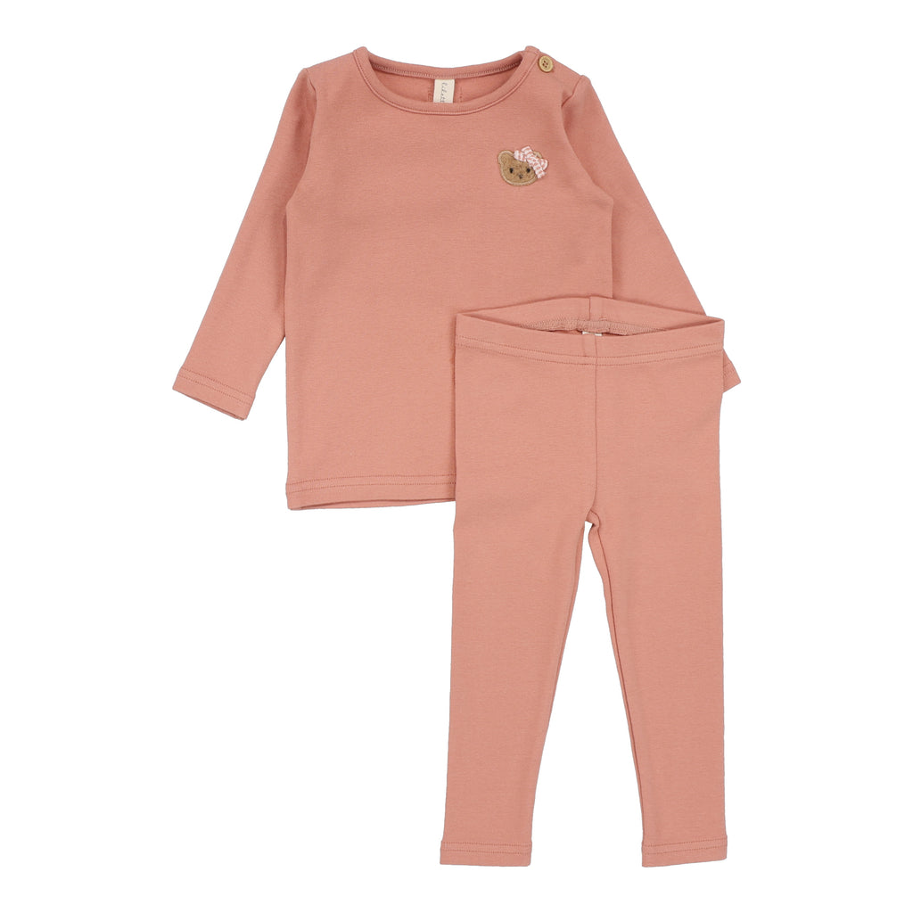 Baby Girl Lounge Set | Bear Applique | Deep Pink| Lil Legs | Aw25