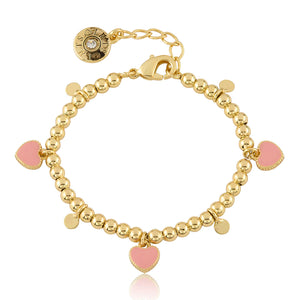 Baby Bracelet | Gold Plated Bead & Disc Dangle Heart | Pink | Little Miss Twin Star