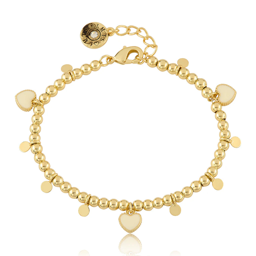 Baby Bracelet | Gold Plated Bead & Disc Dangle Heart | White | Little Miss Twin Star