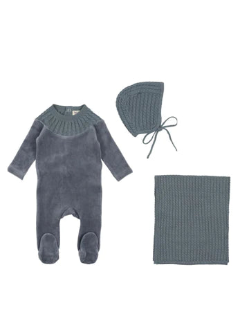 Baby Boy Layette Set | Knit Collar | Velour | Blue | Bee and Dee | AW23