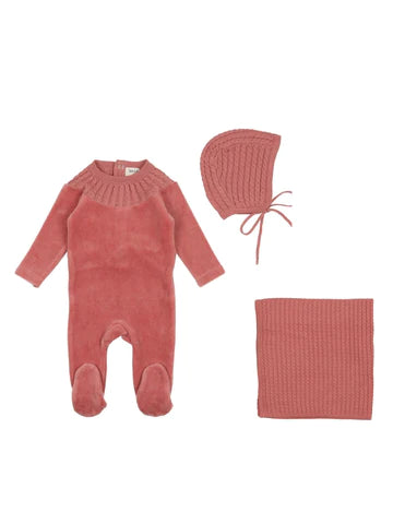 Baby Girl Layette Set | Knit Collar | Velour | Clay Pink | Bee and Dee | AW23