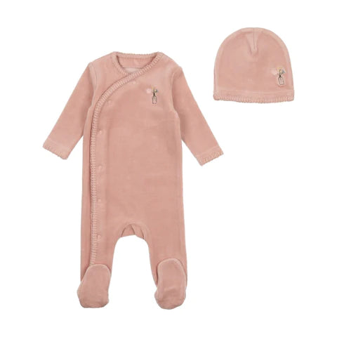Baby Girl  Footie + Hat | Velour Embroidered Edge | Dusty Pink | Bee and Dee | AW23