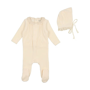 Baby Neutral Footie + Hat | Eyelet Collar | Velour | Snow White | Bee and Dee | AW23