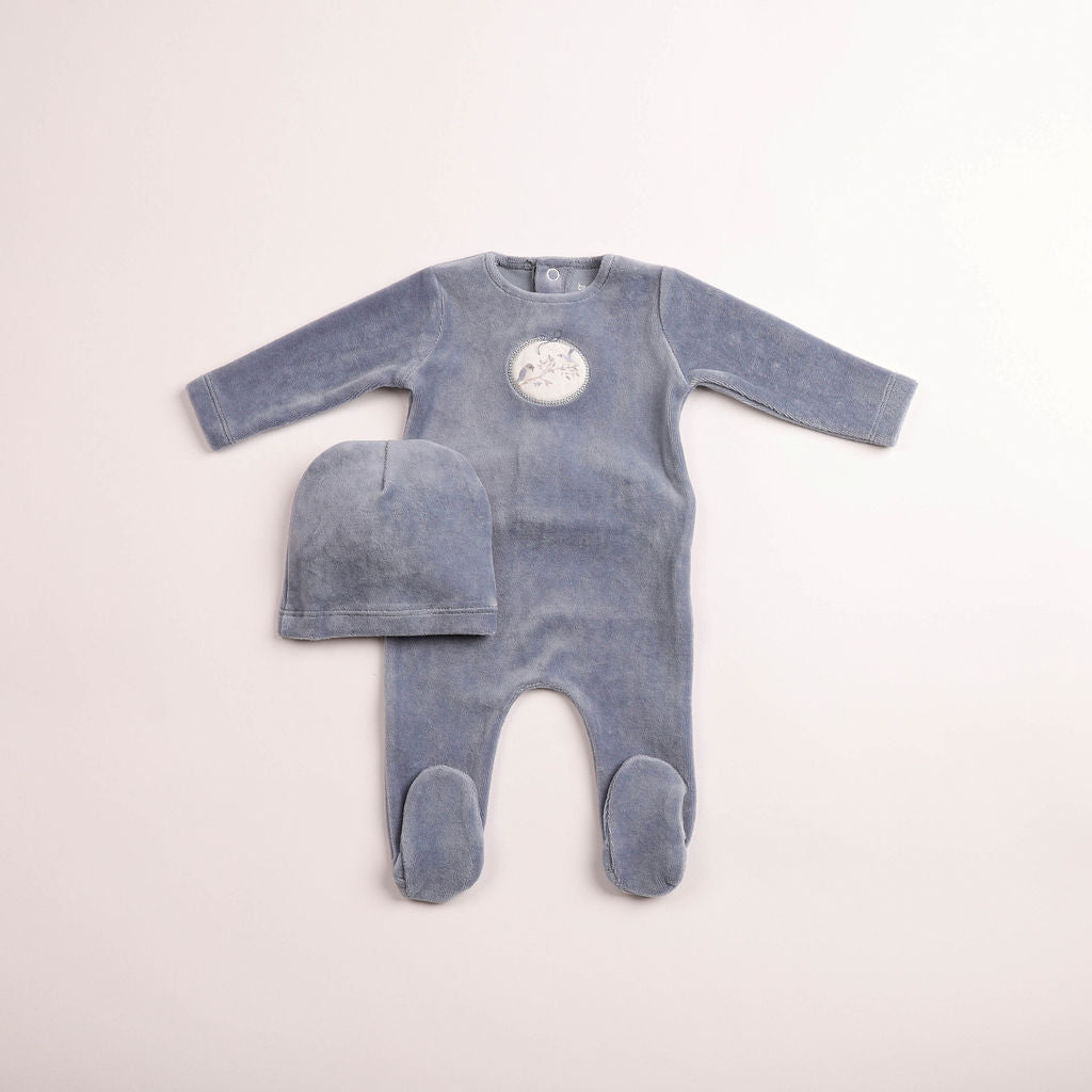 Baby Boy Footie + Hat | Birdie Branch Velour | Indigo | Bee and Dee | AW26
