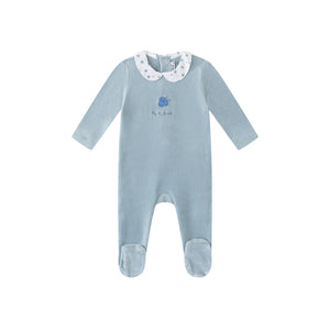 Baby Boy Footie | Floral Collared Velour | Blue | Minilabel | AW26