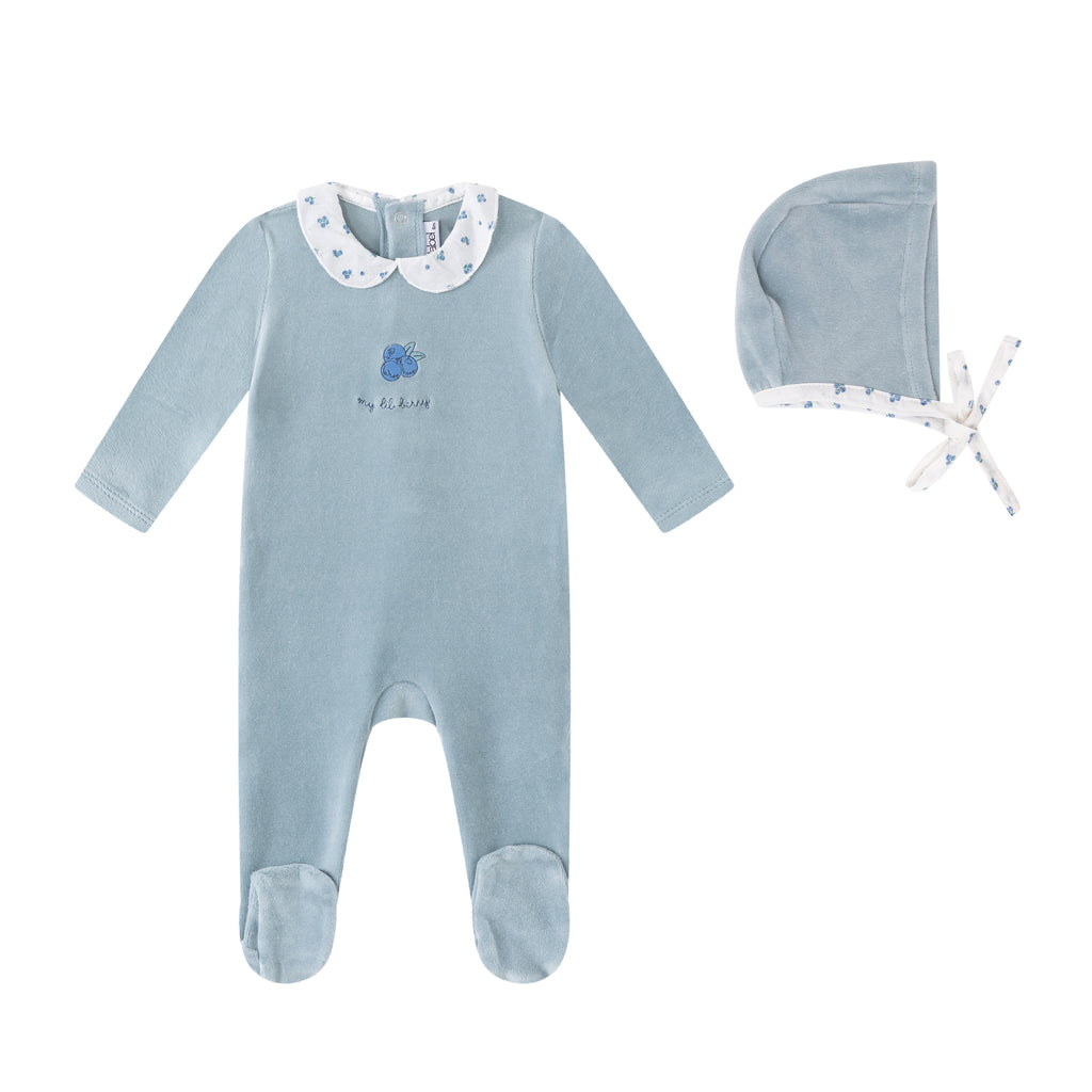 Baby Boy Footie + Hat | Floral Collared Velour | Blue | Minilabel | AW26