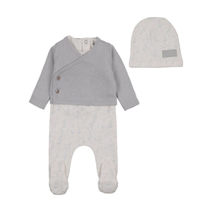 Baby Boy Footie + Cardigan Set | Boutique Birdcage Toile | Dusty Blue | Bee and Dee | SS26