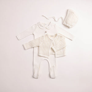 Baby Neutral Footie + Cardigan Set | Boutique Delicata Ensemble | Linen| Bee and Dee | AW26
