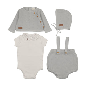 Baby Boy 4 Piece Outfit | Boutique Leather Tab Knit | Dusty Blue | Bee and Dee | SS26