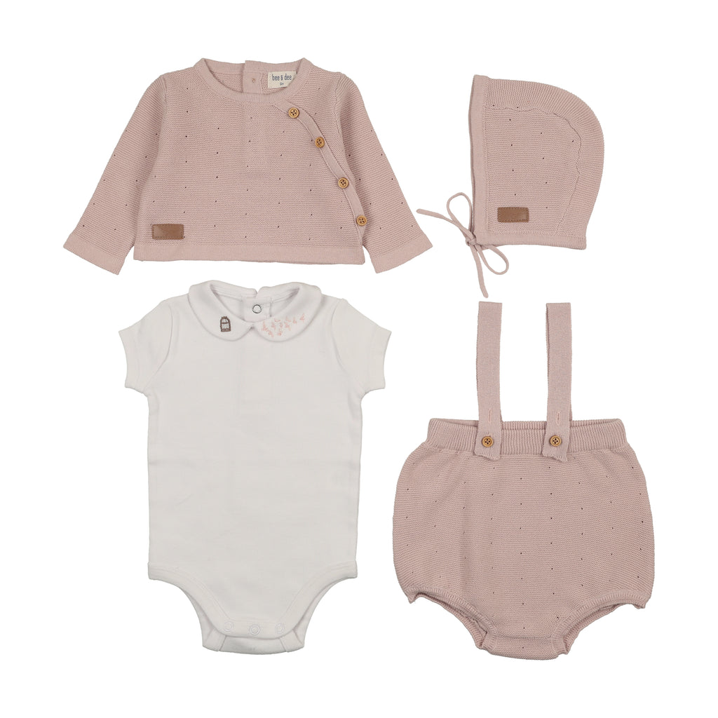 Baby Girl 4 Piece Outfit | Boutique Leather Tab Knit | Muted Pink | Bee and Dee | SS26