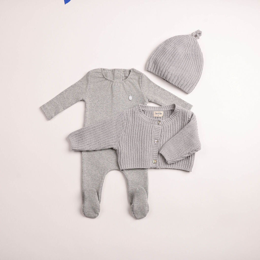Baby Boy 3 Piece Outfit | Chenille Cardigan With Overall | Mid Grey | Bee and Dee | AW26