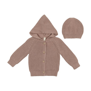 Baby Girl Sweater | Jacket + Beanie | Chunky Knit | Mauve | Lil Legs | AW23