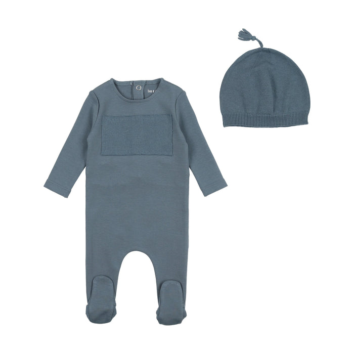 Baby Boy Footie + Hat | Chunky Yarn Accent | Stone Blue | Bee and Dee | AW23