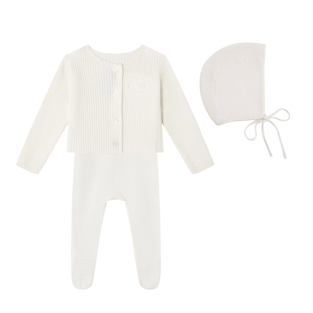 Baby Boy Footie + Cardigan Set | Knit Embossed Emblem | Cream | Minilabel | AW26