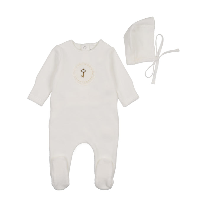 Baby Boy Footie + Hat | Crochette Velour | Chalk White Boys | Bee and Dee | AW25