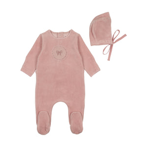 Baby Girl Footie + Hat | Crochette Velour | Champagne Pink | Bee and Dee | AW25