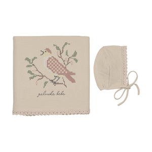 Knit Cross Stitch Blanket and Bonnet | Stone/Rose | Peluche | SS26