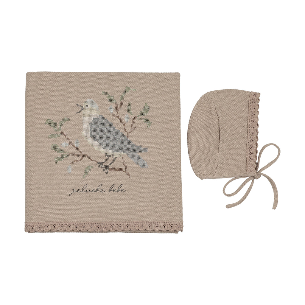 Knit Cross Stitch Blanket and Bonnet | Taupe | Peluche | SS26