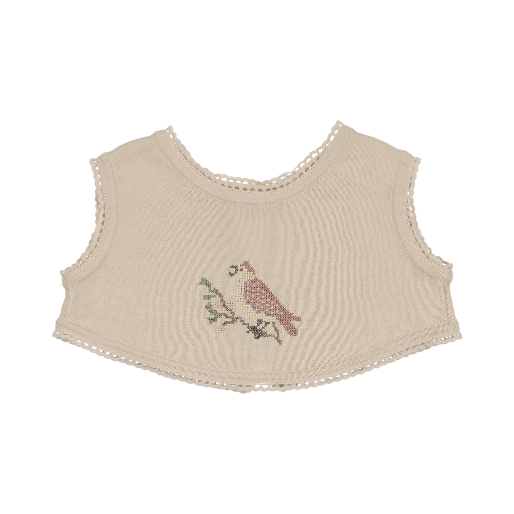 Baby Girl Overlay Bib | Cross Stitch | Stone/Rose | Peluche |AW26