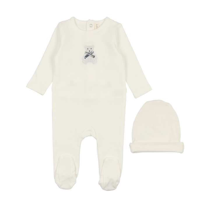 Baby Boy Footie + Hat | Embroidered Bear | White | Lil Legs