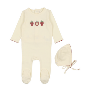 Baby Girl Footie + Hat | Embroidered Fruit | Ivory Strawberry | Lil Legs