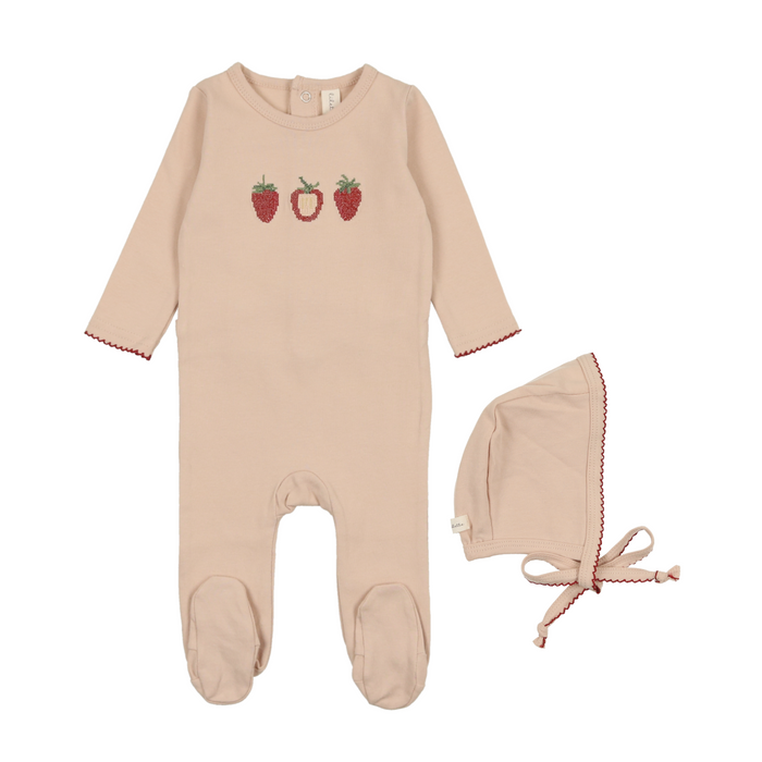 Baby Girl Footie + Hat | Embroidered Fruit | Peach Strawberry | Lil Legs