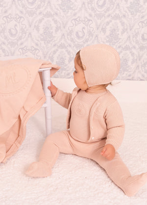 Baby Girl Footie + Cardigan Set | Knit Embossed Emblem | Pink | Minilabel | AW26