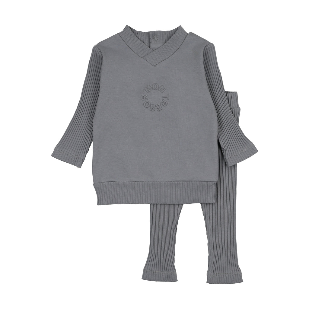 Baby Boy 2 Piece Outfit | Embossed Logo Long Ensemble | Ocean Blue | Mon Tresor | SS26