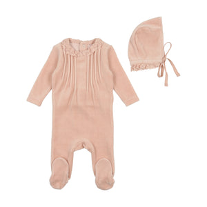 Baby Girl Footie + Hat | Eyelet Collar | Velour | Rose | Bee and Dee | AW23